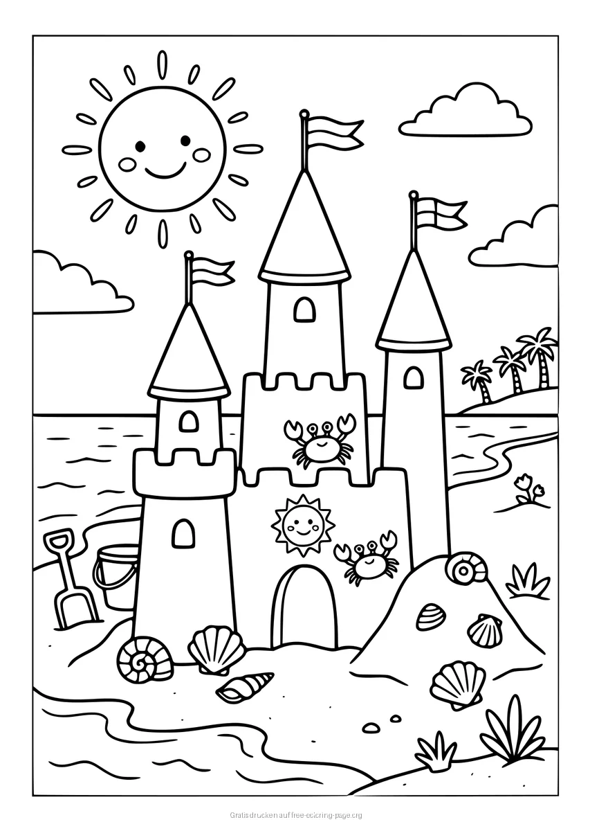 Vivace disegno da colorare di un grande castello di sabbia su una spiaggia assolata, con granchi sorridenti, conchiglie, pala e secchiello.